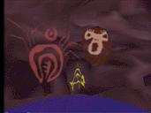 Spider, with Voiceholder and unoccupied Fish in the background, in the Cave World.