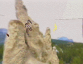Crow avatar flying past a Hoodo