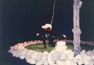 Brenda Laurel seen "from outside" as she lowers herself under the surface of the water in the Cave World
